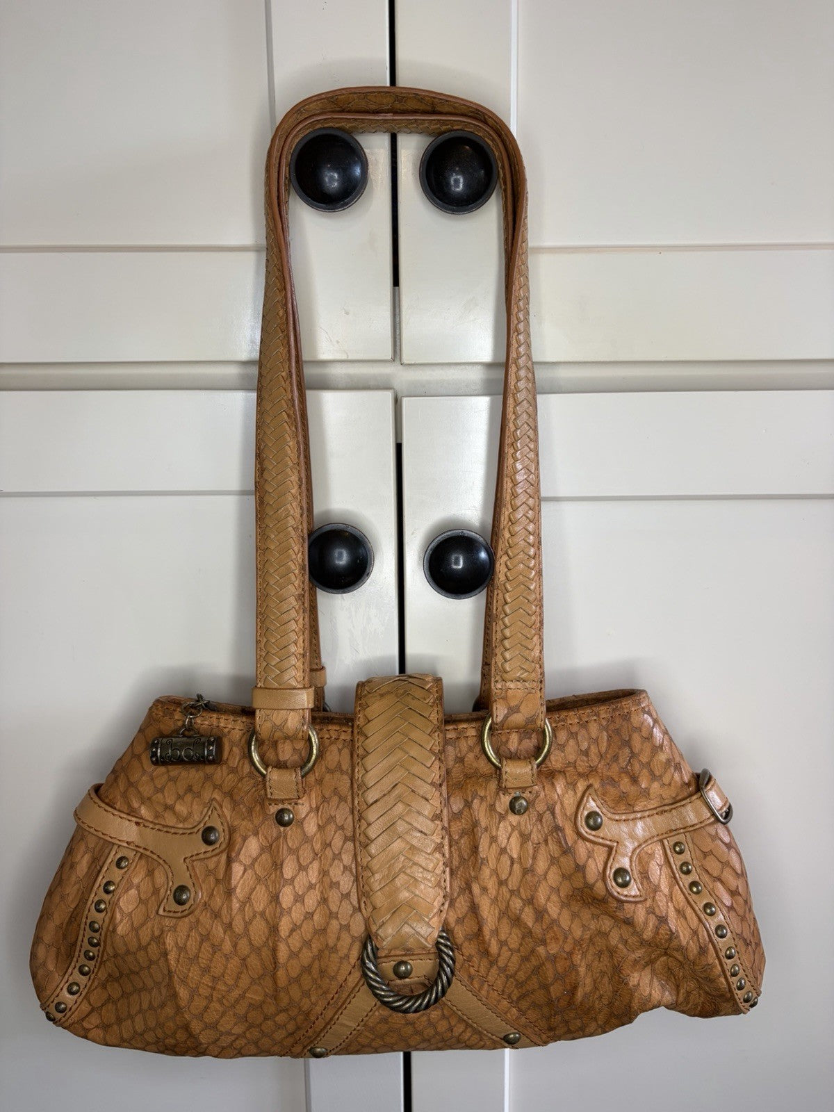 Babeed Brown Leather Snake Print Shoulder Bag