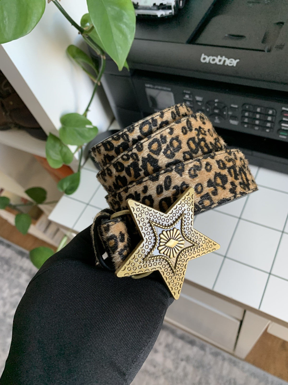 Vintage Style Leopard Pattern Star Leather Western Cowboy Belt