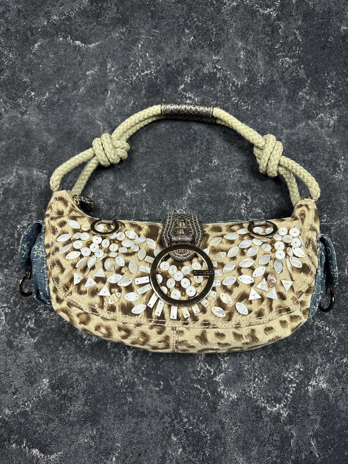 NEW Vintage Y2K Guess Leopard Pattern Denim Baguette Mini Handle Bag Women's