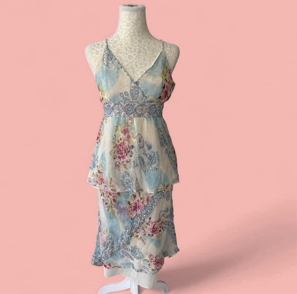 René Derhy Blue Floral Embellished Top and Skirt Set