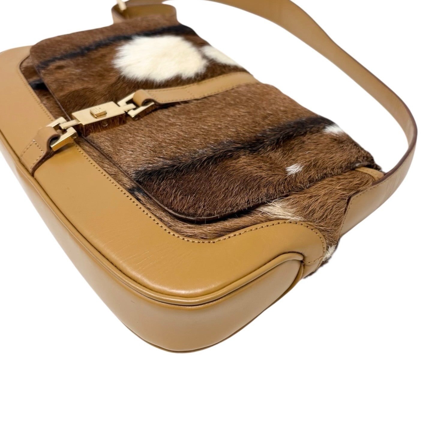GUCCI Vintage Jackie Cow Pony Calf Hair Shoulder Bag Brown Camel Leather