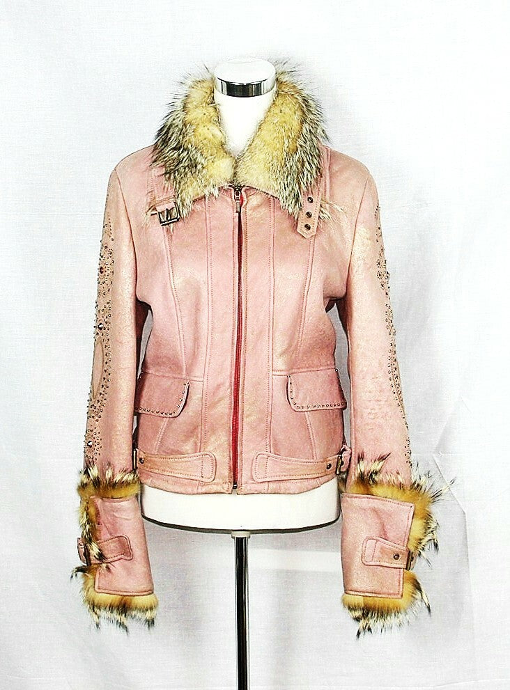 Leather Light Pink Shearling Jacket with Gold Tone Trim Size 42