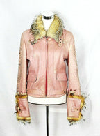 Leather Light Pink Shearling Jacket with Gold Tone Trim Size 42