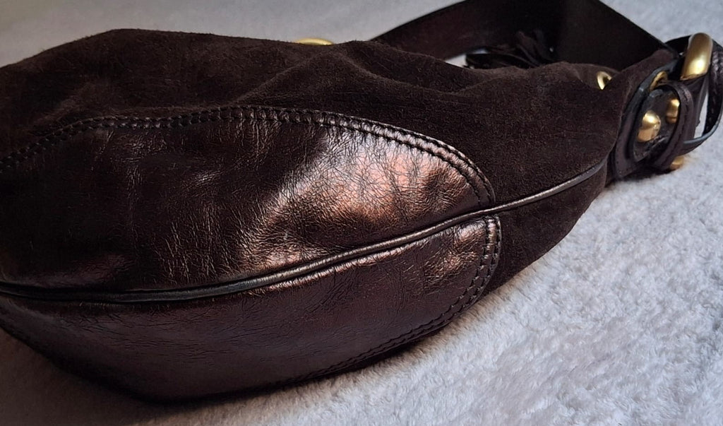 Francesco Biasia Brown Leather and Suede Medium Shoulder Bag with Tassels