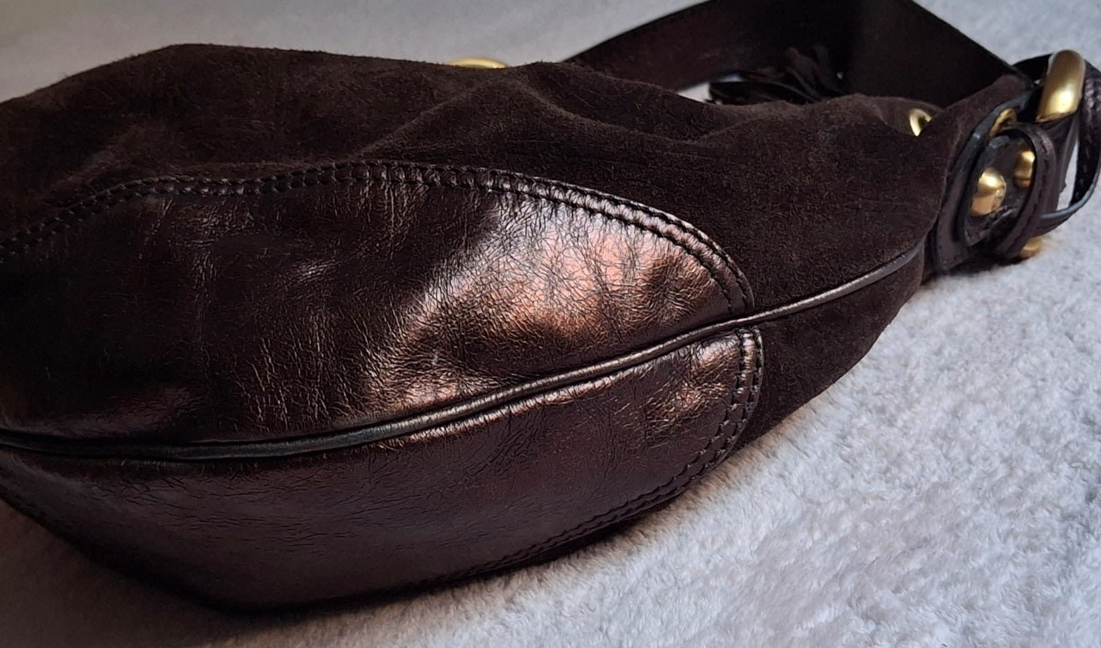Francesco Biasia Brown Leather and Suede Medium Shoulder Bag with Tassels