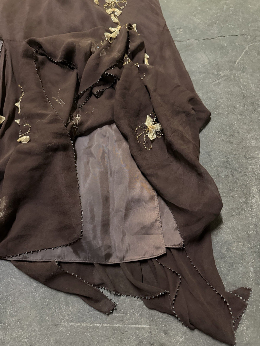 Vintage Y2K Woodland Fairy Brown Floral Silk Beaded Two Piece Skirt Set Asymmetric