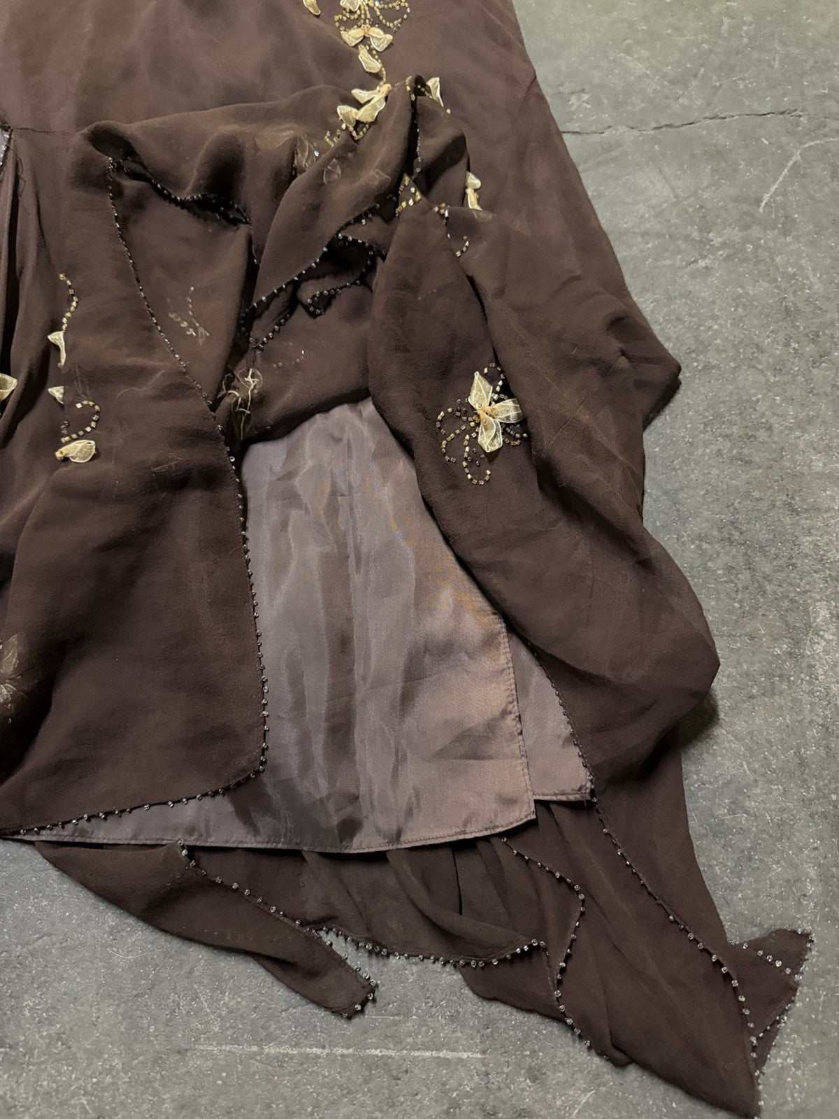 Vintage Y2K Woodland Fairy Brown Floral Silk Beaded Two Piece Skirt Set Asymmetric