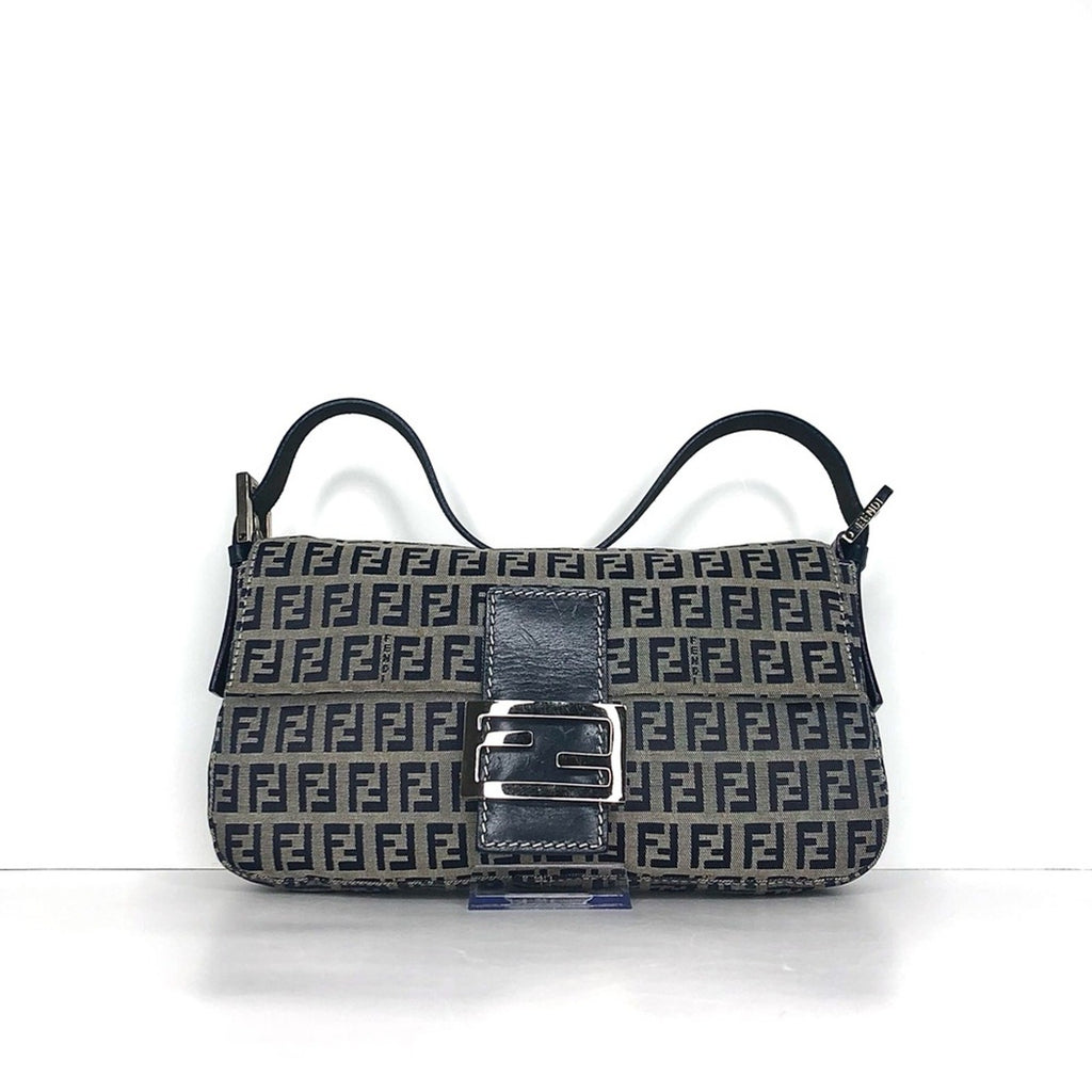 Vintage Fendi Zucchino Navy Blue FF Monogram Baguette Shoulder Bag