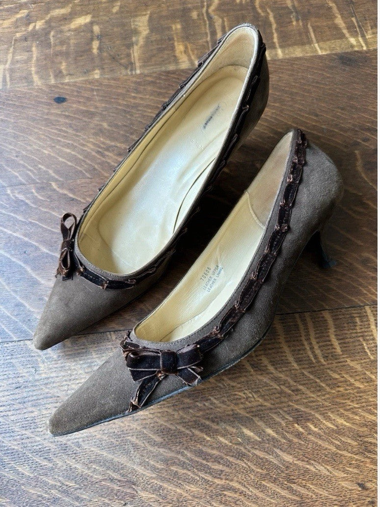 Brown Vintage Suede Velvet Ribbon Bow Kitten Heels