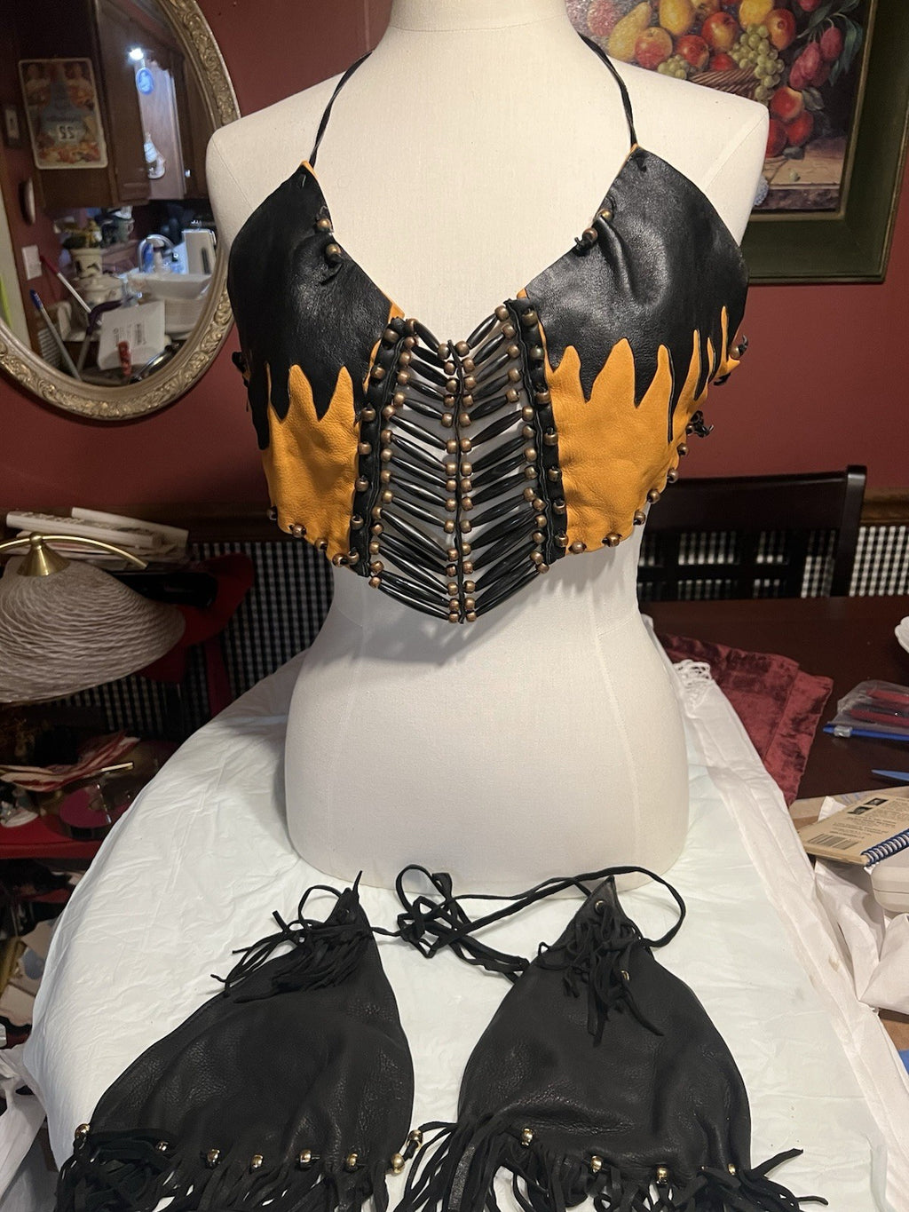 Vtg. 2/ Leather Fringe Halter Tops Black Biker Festival Cowgirl custom-made!!Sm.