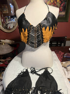 Vtg. 2/ Leather Fringe Halter Tops Black Biker Festival Cowgirl custom-made!!Sm.