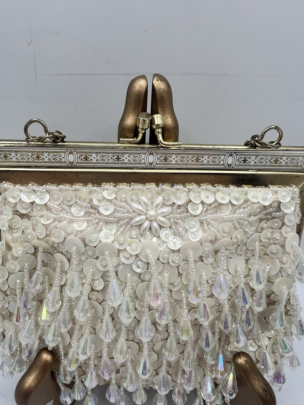 Vintage Evening Bag White/Cream Beaded Clutch Purse W/Chain Handle - Hong Kong