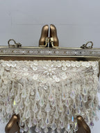 Vintage Evening Bag White/Cream Beaded Clutch Purse W/Chain Handle - Hong Kong