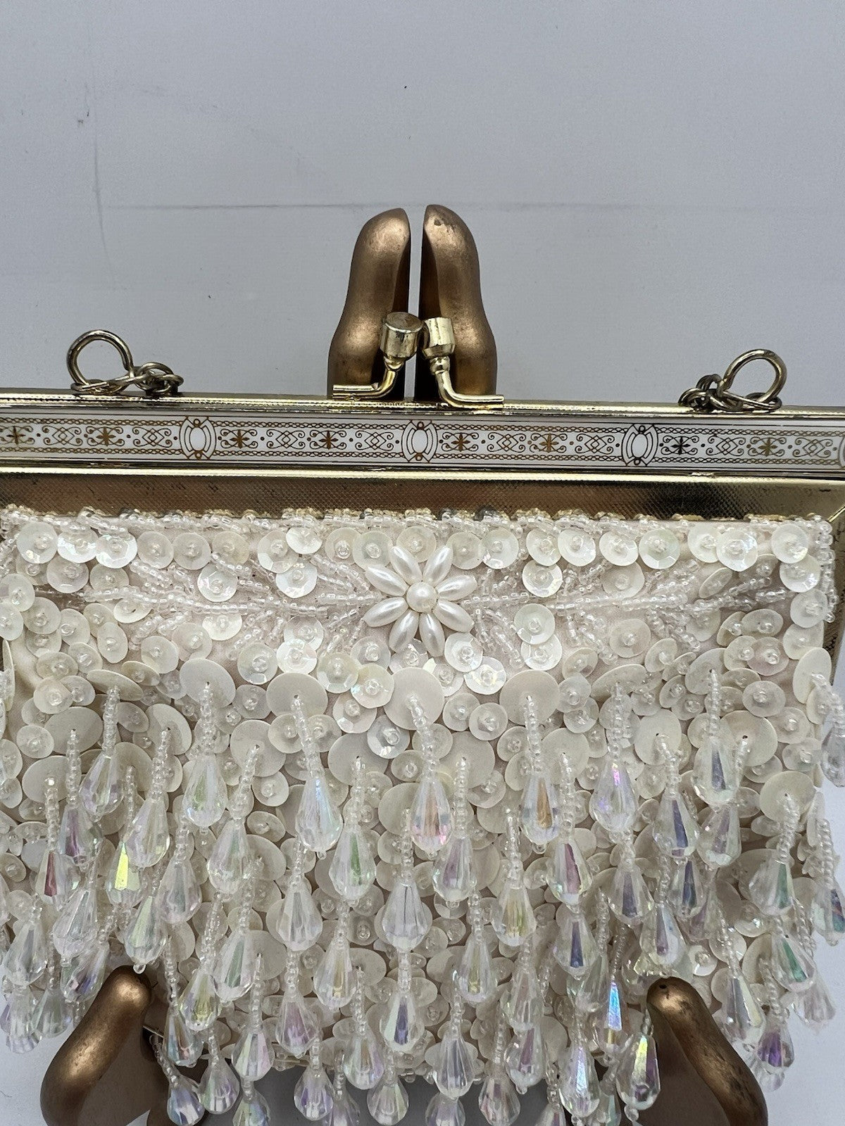 Vintage Evening Bag White/Cream Beaded Clutch Purse W/Chain Handle - Hong Kong