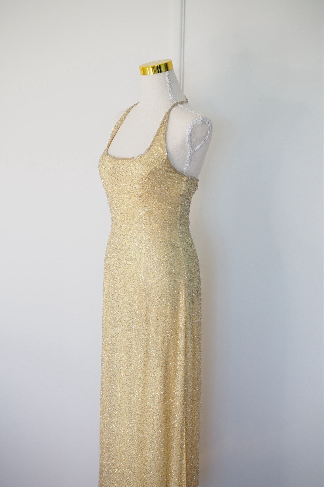 Vintage 90s Gold Beaded Sequin Silk Halter Gown Size S