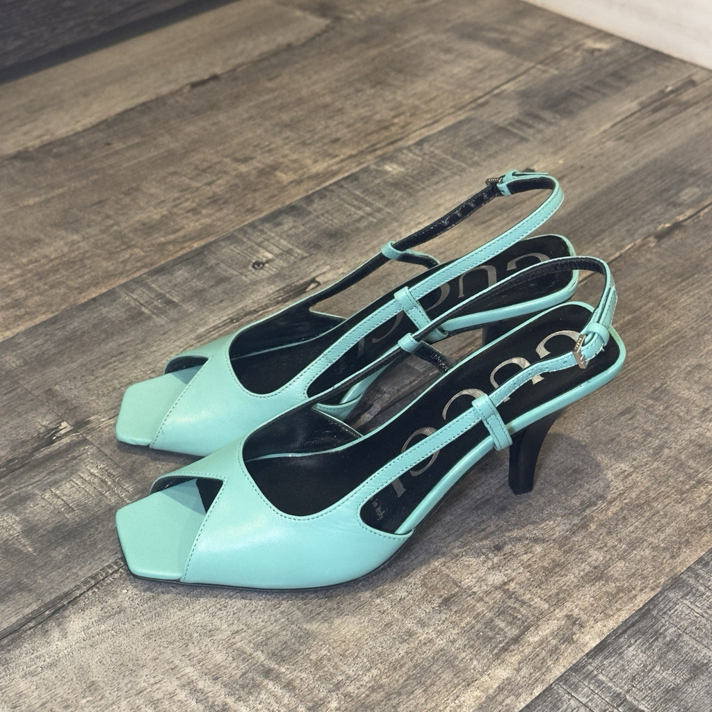 Gucci Turquoise Leather Slingback Heels Square Toe Pumps Women’s Size 34.5 Italy