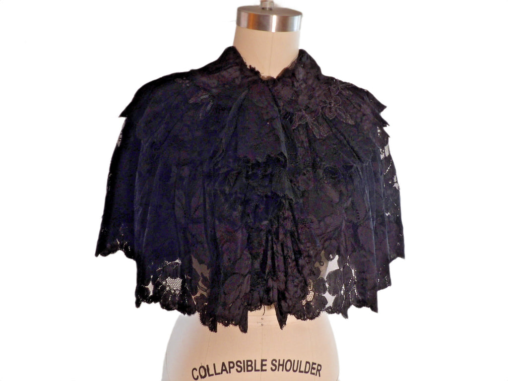 Vintage 1800's Victorian Gothic Black Lace Capelet w/ Beads  + Ruffle Size Small