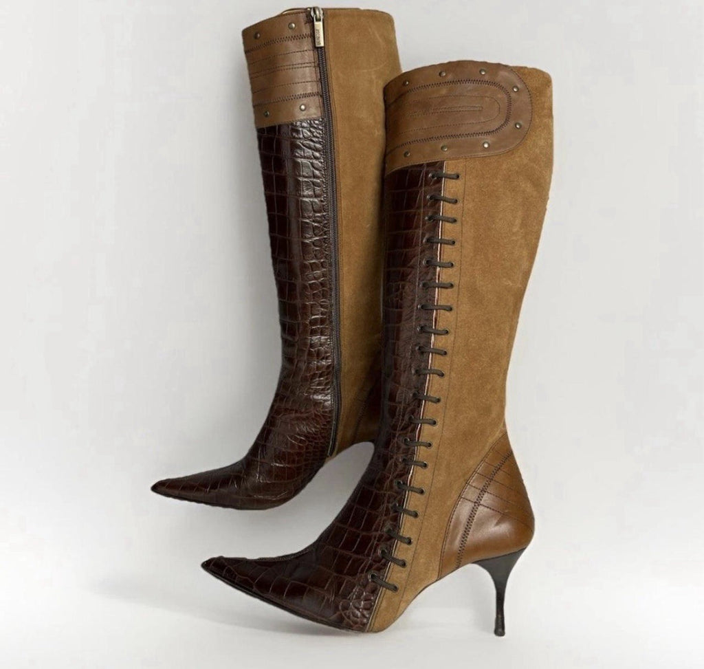 Vintage Avant Garde Just Cavalli Leather Knee High Boots Brown Croc Pointed Toe