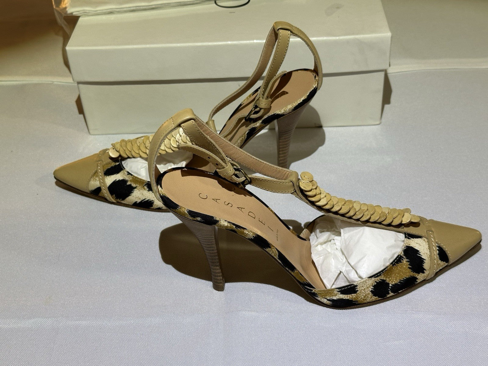 Casadei Natural Leopard Print Beige Leather Ankle Strap Heel 8.5