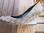 Gucci Beige and Brown GG Canvas Slip On Wedge Heels Size 10