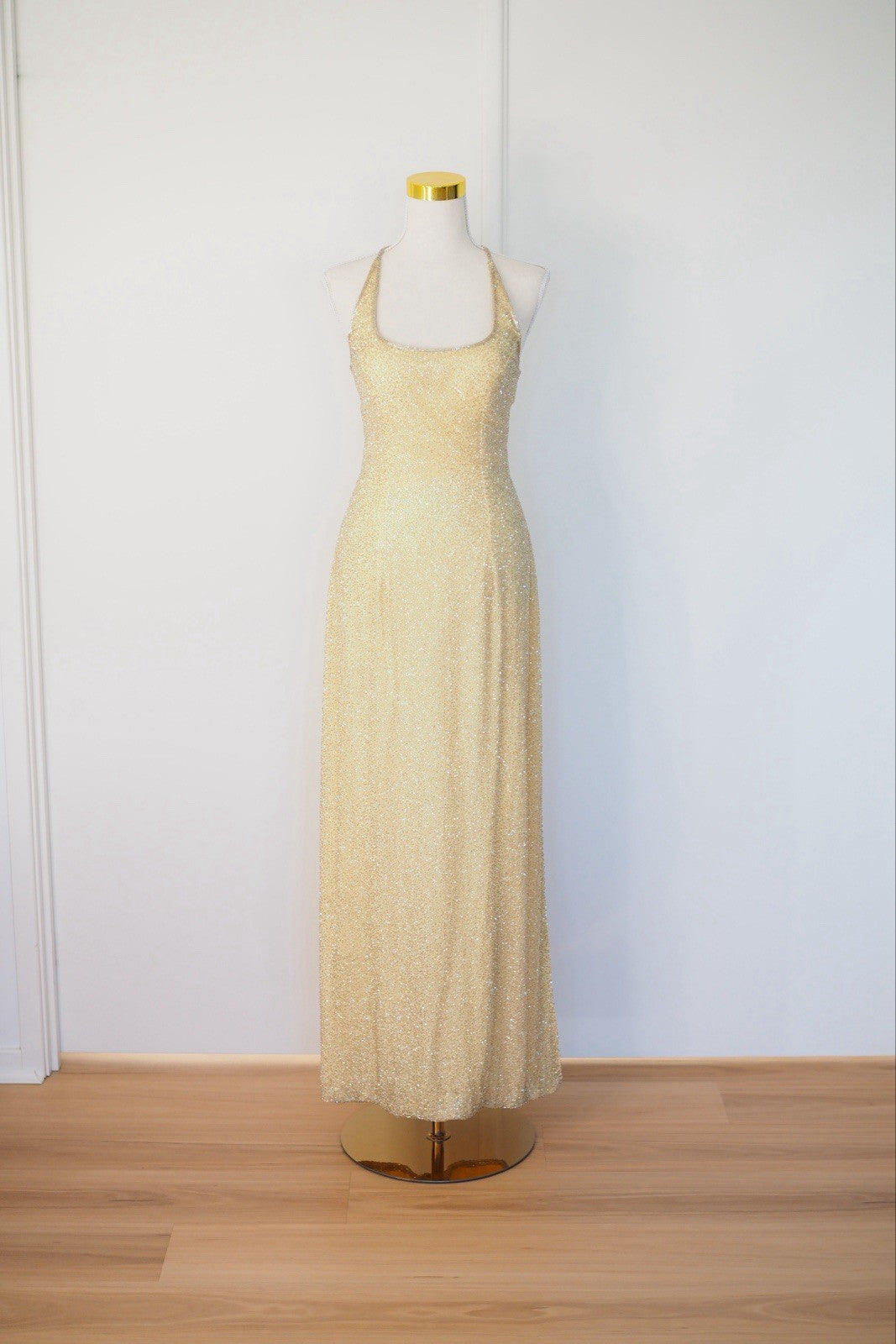 Vintage 90s Gold Beaded Sequin Silk Halter Gown Size S