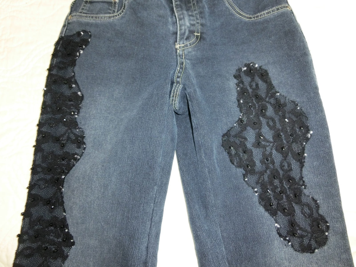 Cache Bootcut Jeans Black Lace Beaded Asymmetric Design Size 0