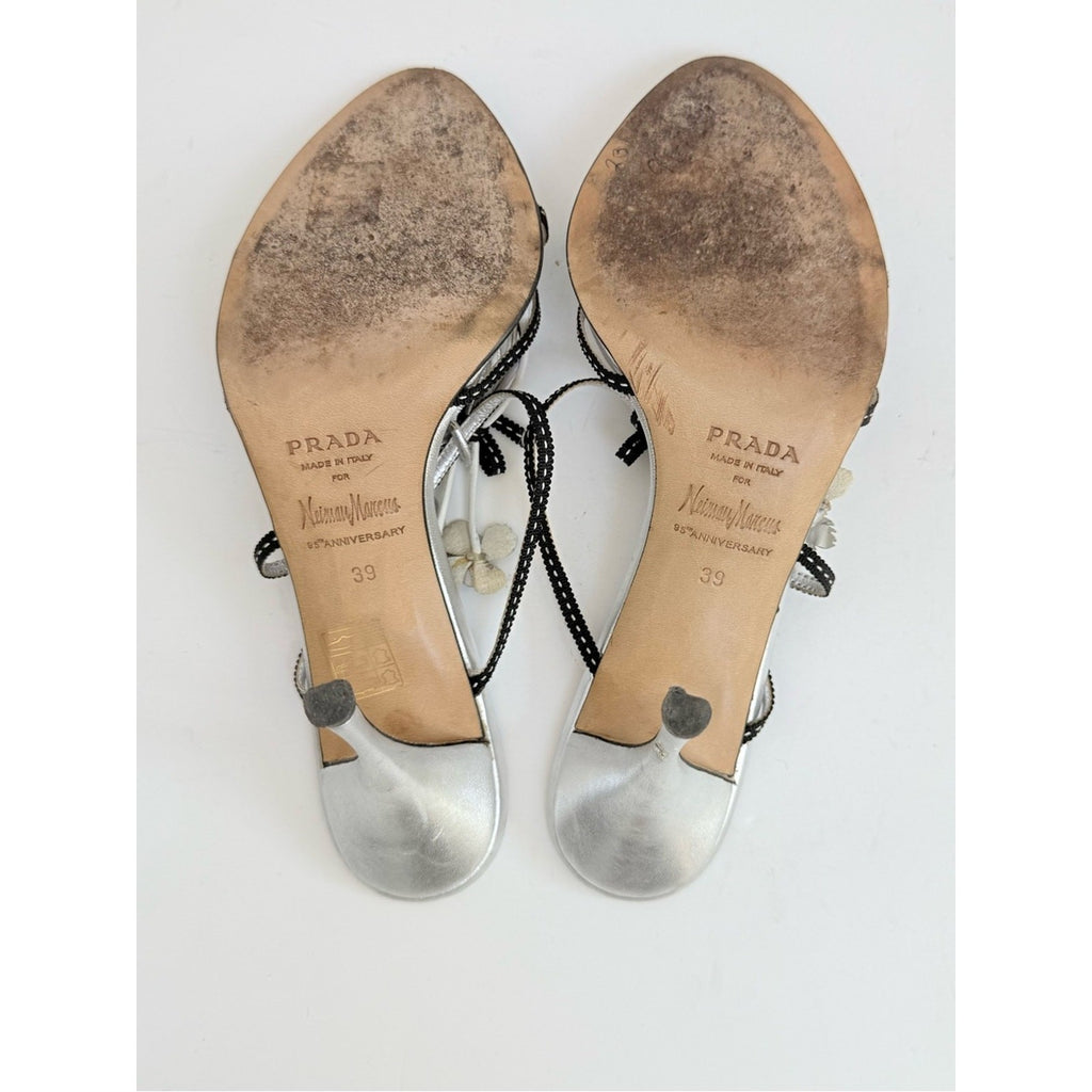 Prada Neiman Marcus 95th Anniversary Floral bouquet Sandals 39 Silver Leather
