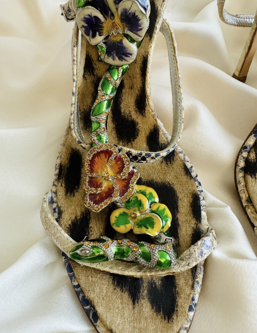 Roberto Cavalli 2000s Snake and Flower Enamel Rhinestone Heels