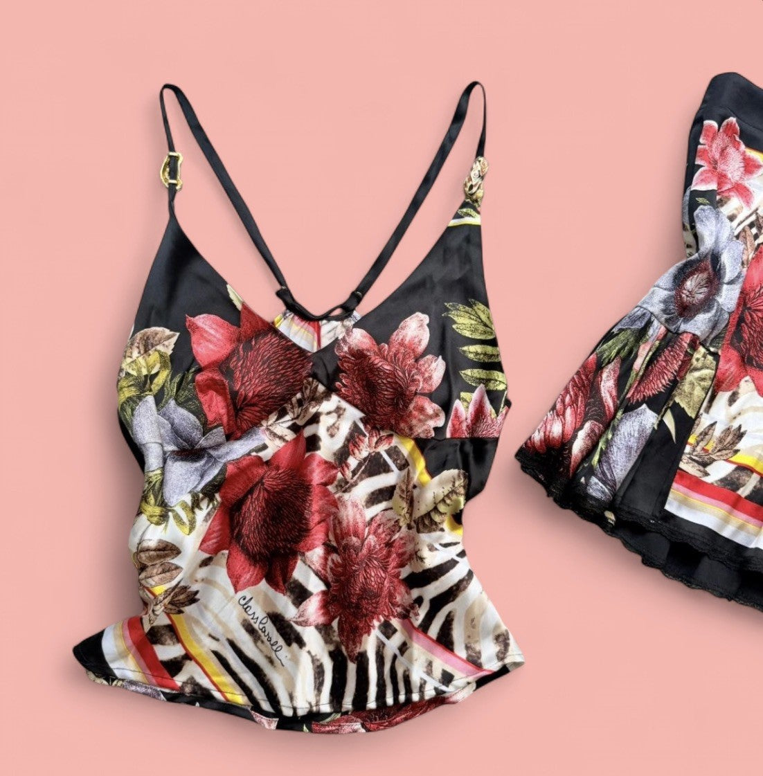 Roberto Cavalli SS03 Patchwork Zebra and Florals Top and Skirt Set Small