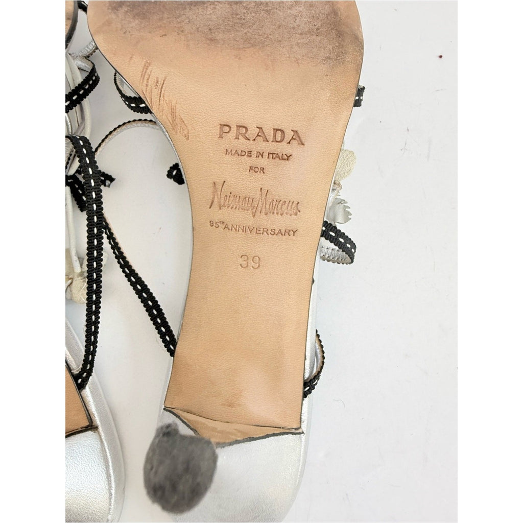 Prada Neiman Marcus 95th Anniversary Floral bouquet Sandals 39 Silver Leather
