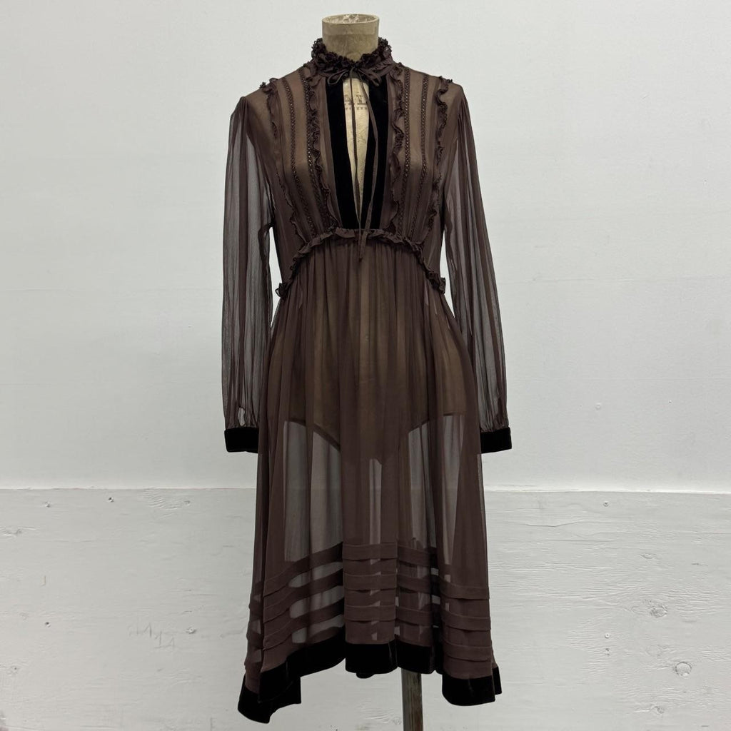 Vintage Brown 100% Silk Chiffon Edwardian-Style Ruffled Midi Dress