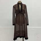 Vintage Brown 100% Silk Chiffon Edwardian-Style Ruffled Midi Dress