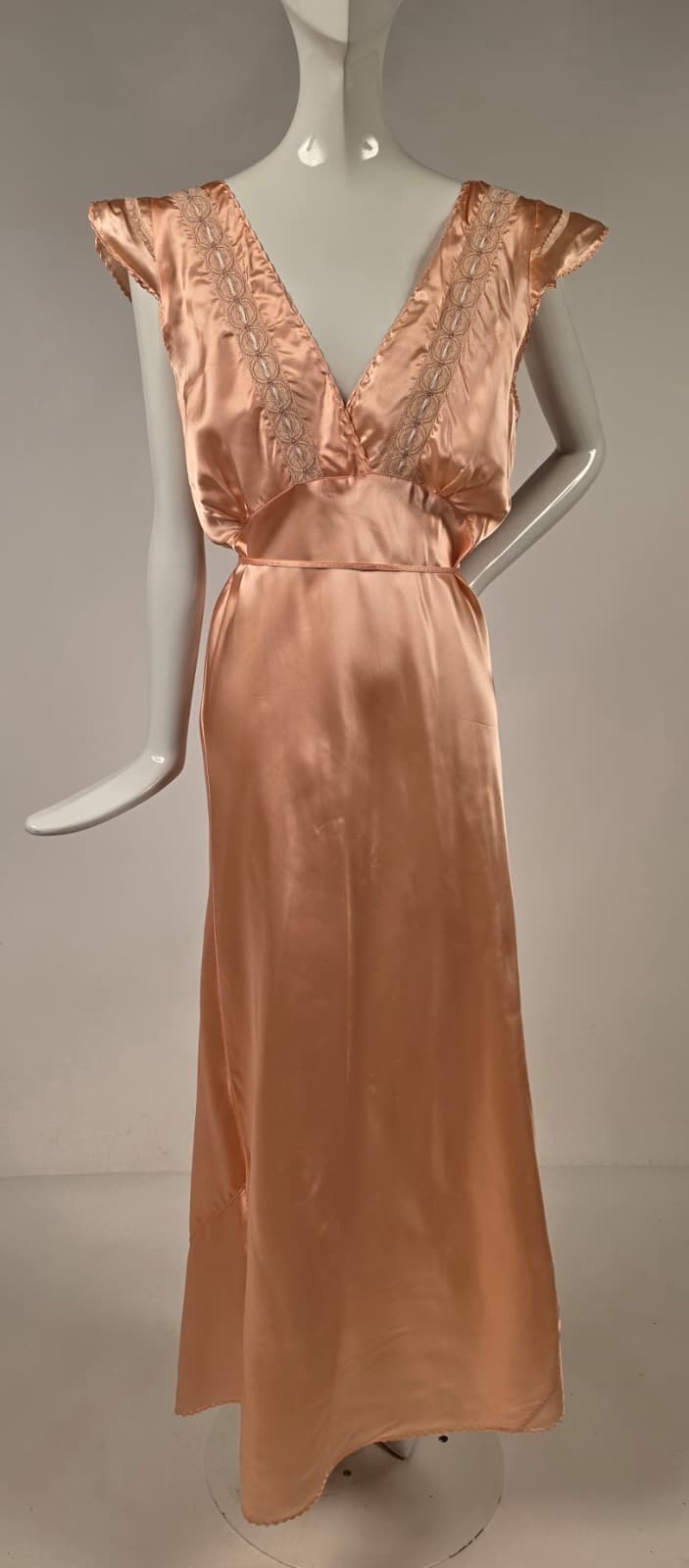 1930s Peach Acetate Slip Dress with Embroidered Ring Detail