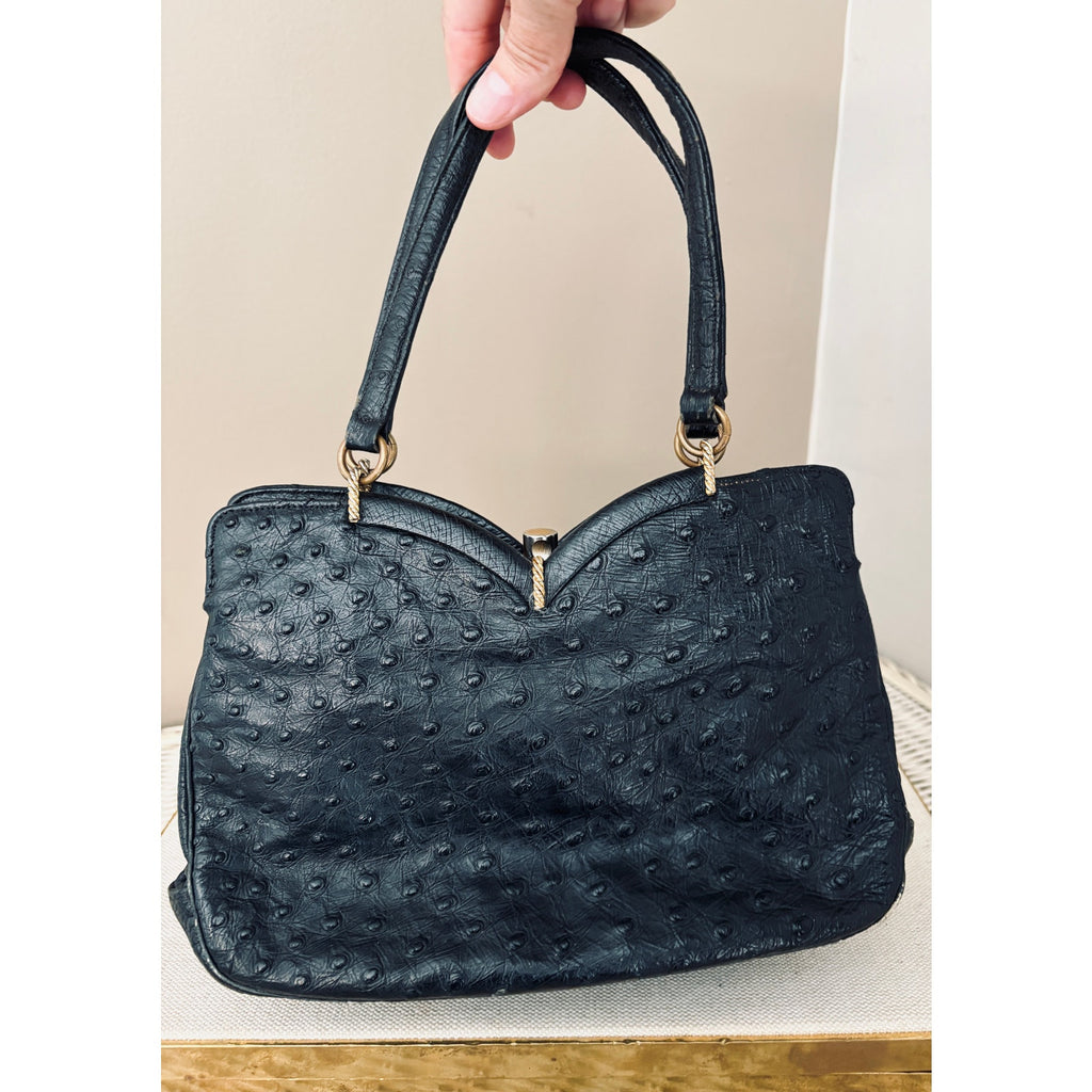 I. Magnin 1950s Genuine Ostrich Skin Handbag Black