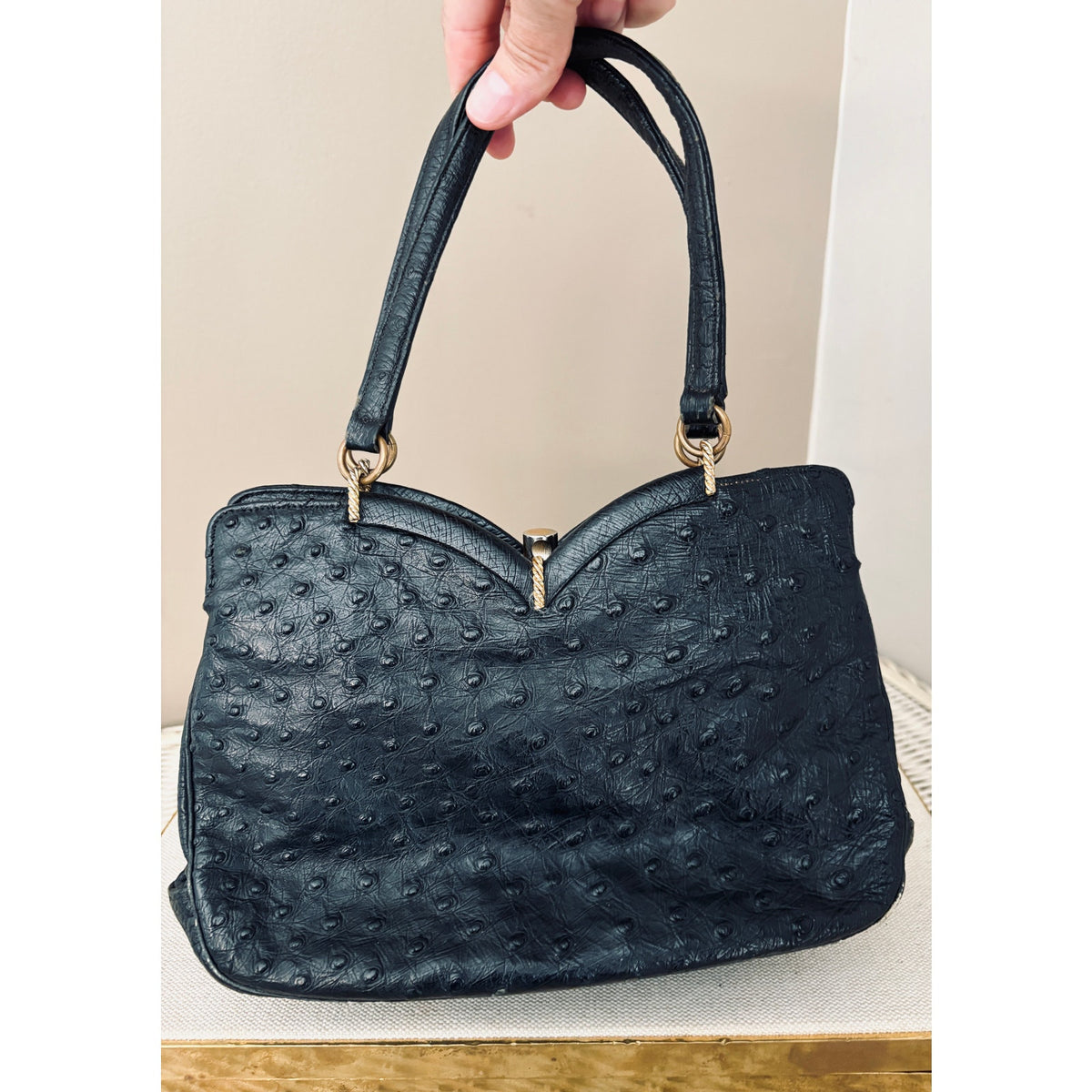 I. Magnin 1950s Genuine Ostrich Skin Handbag Black