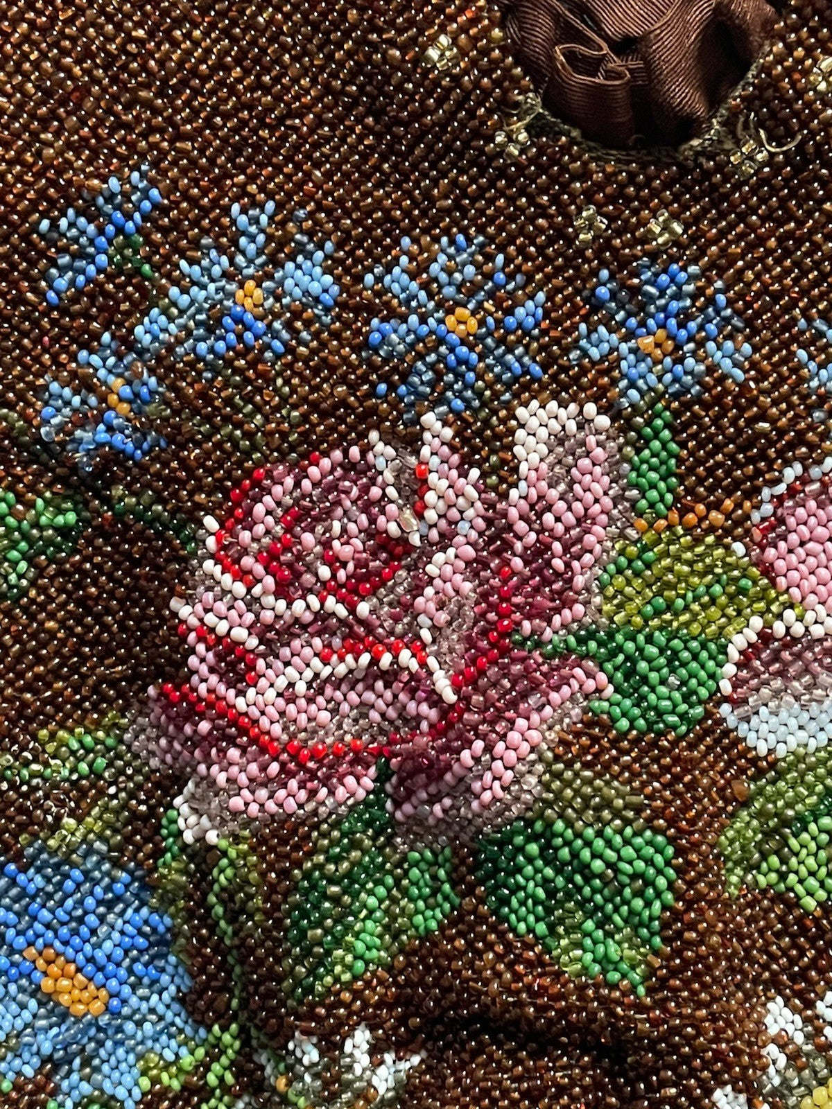 Antique Glass Seed Beaded Silk Lined Pouch Purse Floral Brown