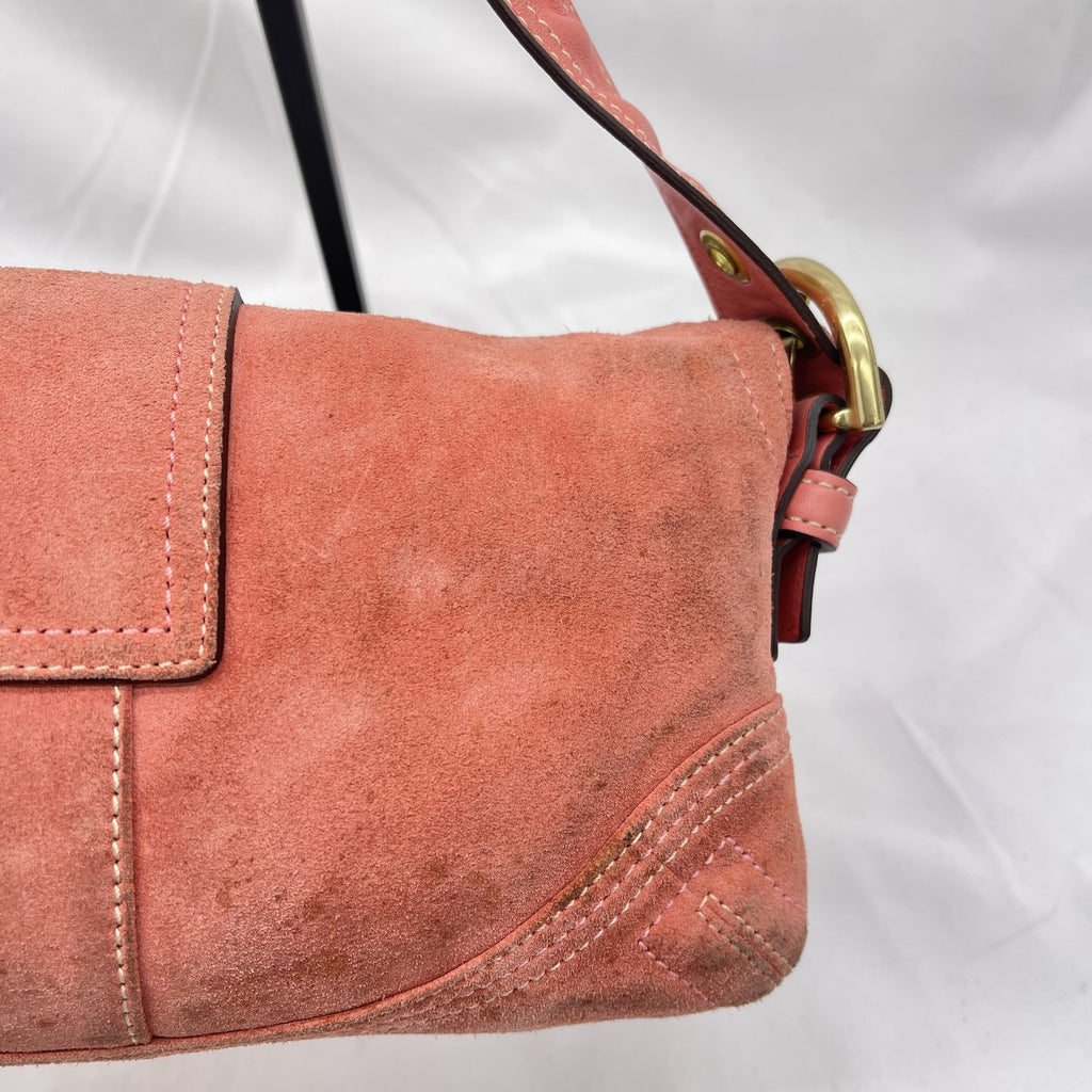 Vintage Coach Y2K Demi Soho Flap Shoulder Bag Suede 8A18 Salmon Pink Pre-Owned