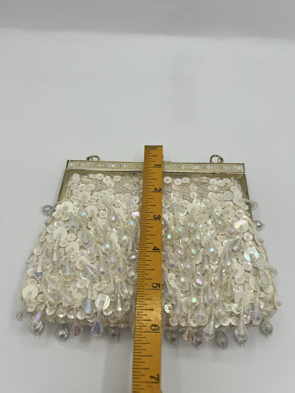 Vintage Evening Bag White/Cream Beaded Clutch Purse W/Chain Handle - Hong Kong