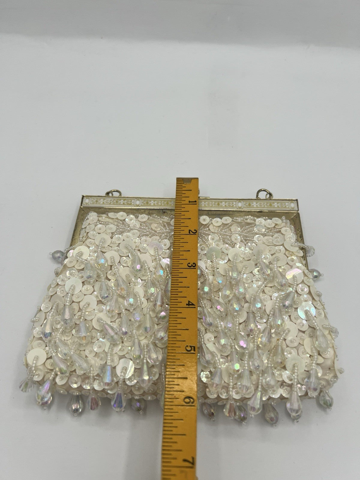 Vintage Evening Bag White/Cream Beaded Clutch Purse W/Chain Handle - Hong Kong