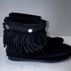 Minnetonka Moccasin Ankle Boots Womens 8 Black Suede Fringe Back Zip Concho 299