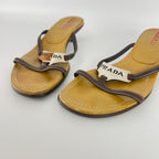 Prada | Auth Brown Leather Silver Logo Buckle Kitten Sandal Heels (34.5)