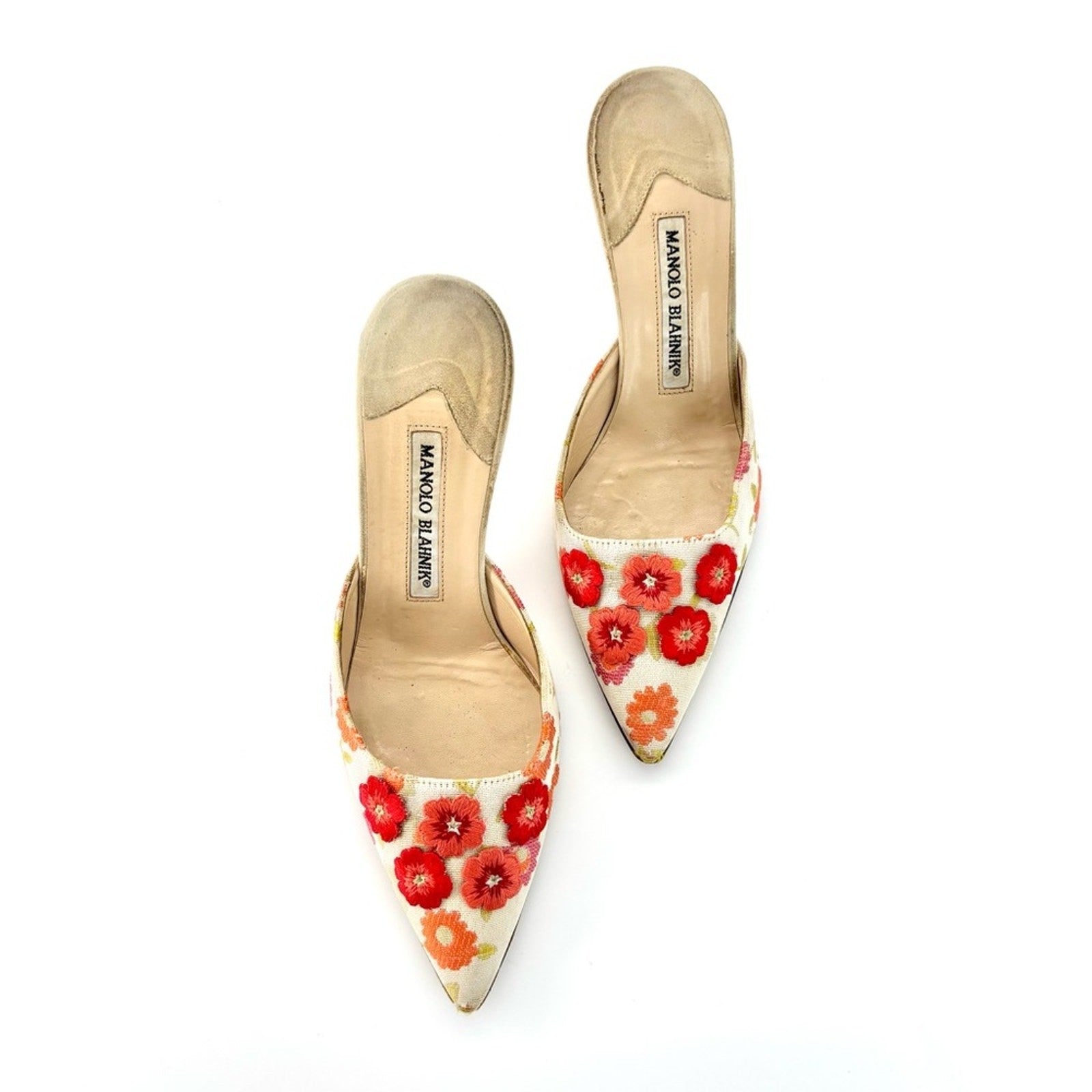 Manolo Blahnik Retro Vintage Floral Applique Pointed Toe Kitten Heel Mules 36.5