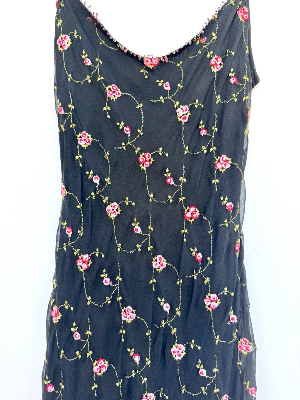 Betsey Johnson Silk Slip Dress Babydoll Black With Pink Roses Beaded Y2K Rare
