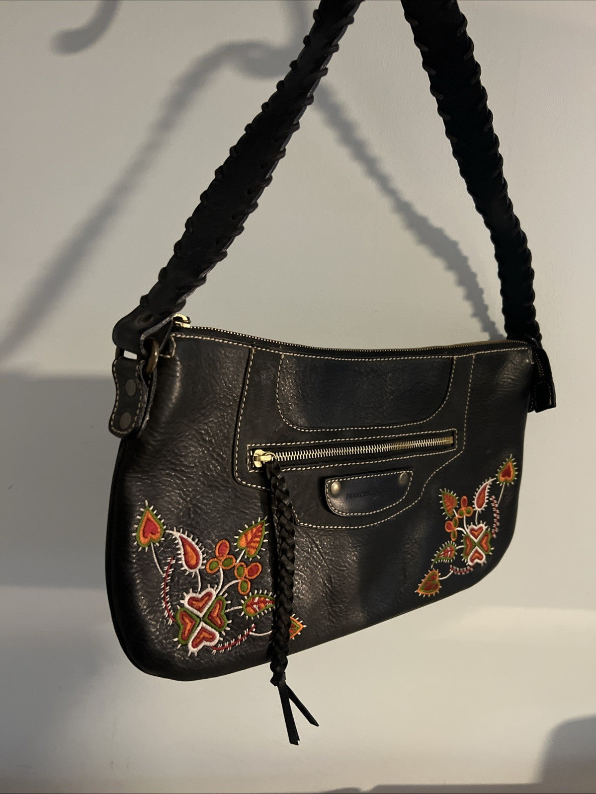 Francesco Biasia Black Leather Embroidered Handbag Shoulder Hobo Boho