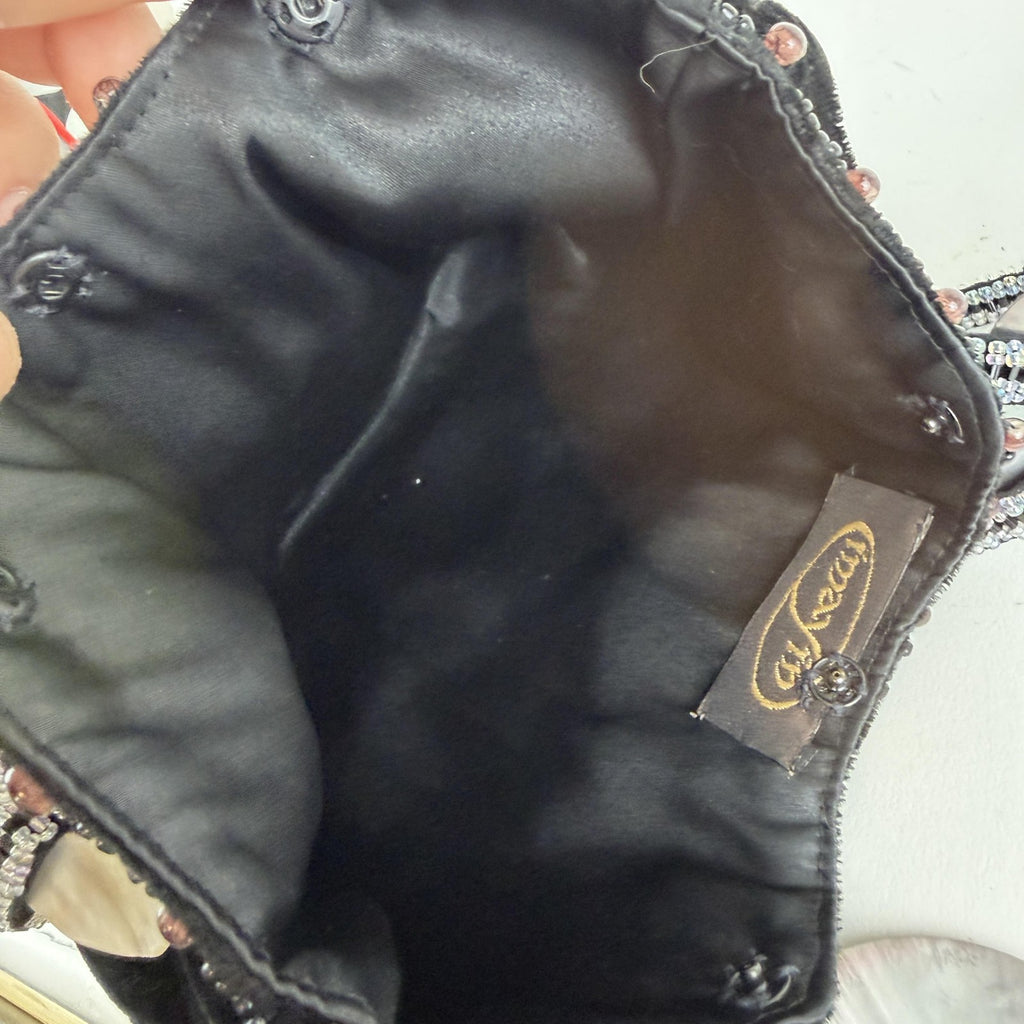 Imayin Shoulder Bag Womens Black Velvet Beaded Mother of Pearl Shell Purse Party