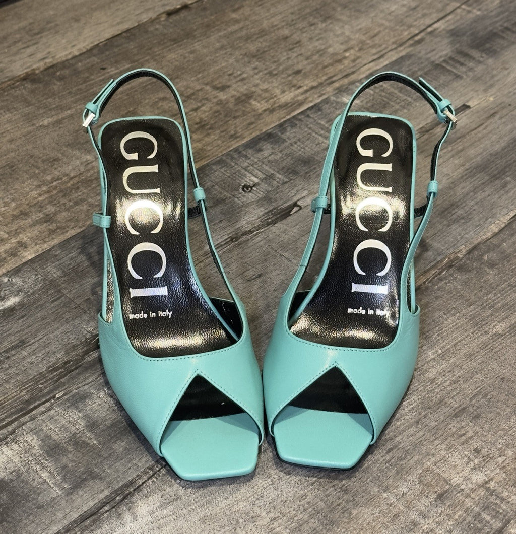 Gucci Turquoise Leather Slingback Heels Square Toe Pumps Women’s Size 34.5 Italy