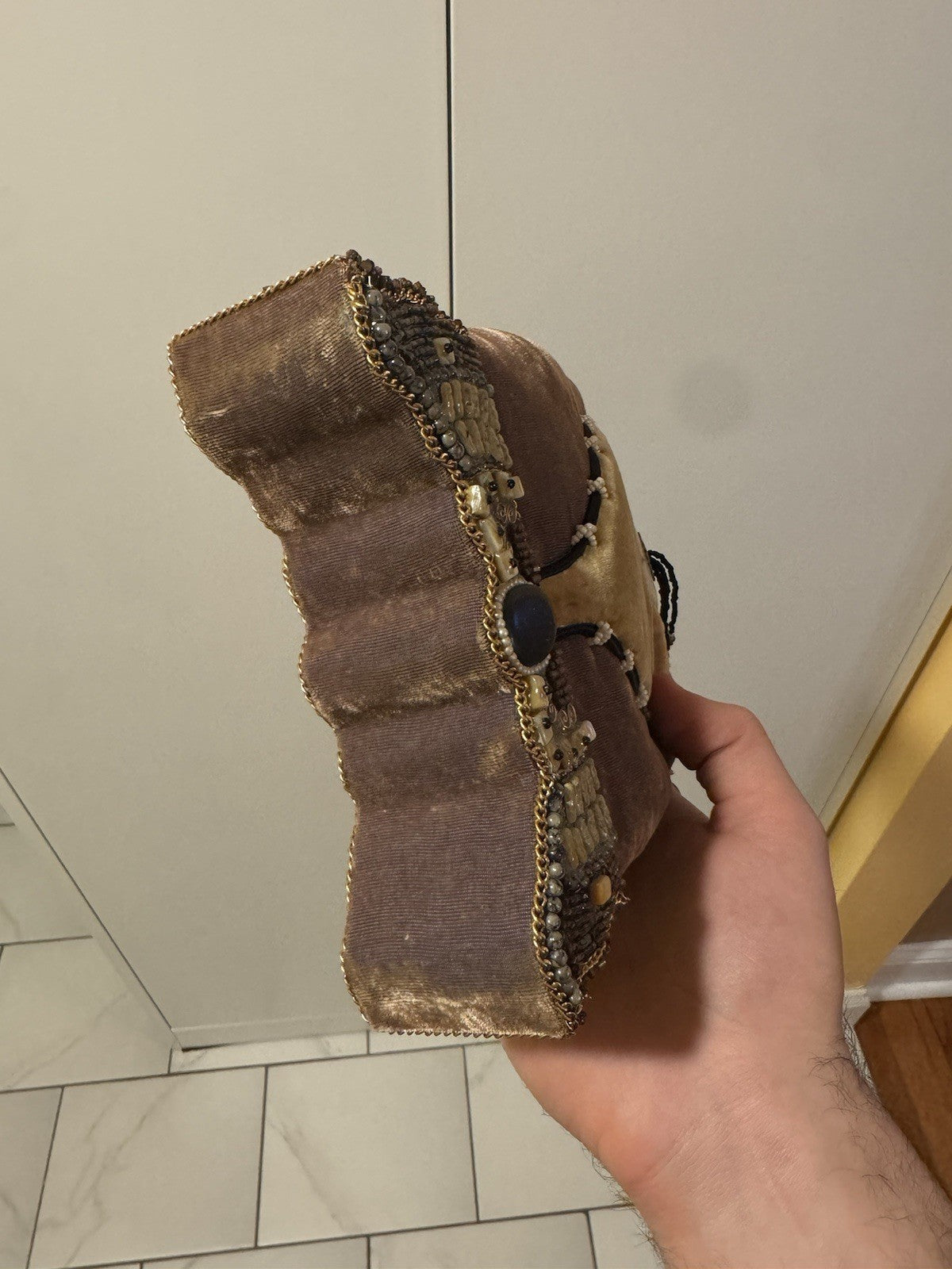 Mary Frances Handmade Beaded Velvet Bag Floral Mother of Pearl Clutch Purse