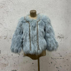 Vintage Y2K Beaded Ice-Blue Fox Fur Cropped Jacket