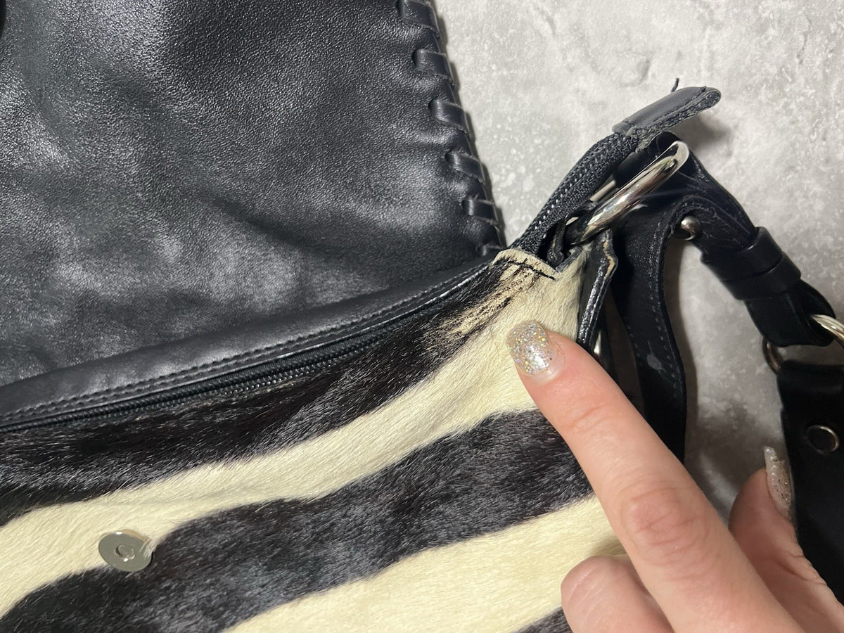 Cavalcanti Italy Leather & Cow Fur Crossbody Hobo Bag, Black & Cream