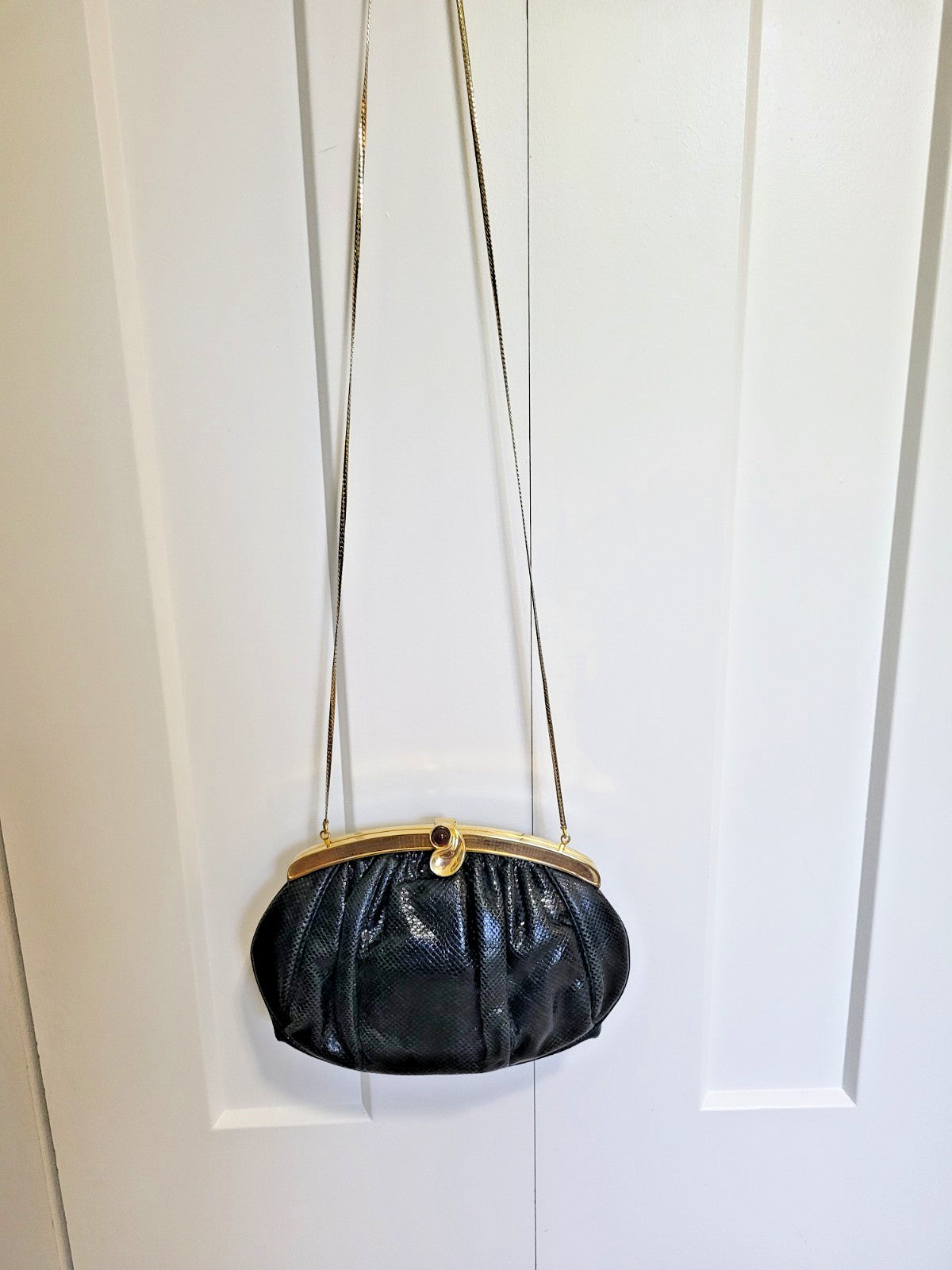 Judith Leiber Black Snakeskin Clutch with Jeweled Clasp